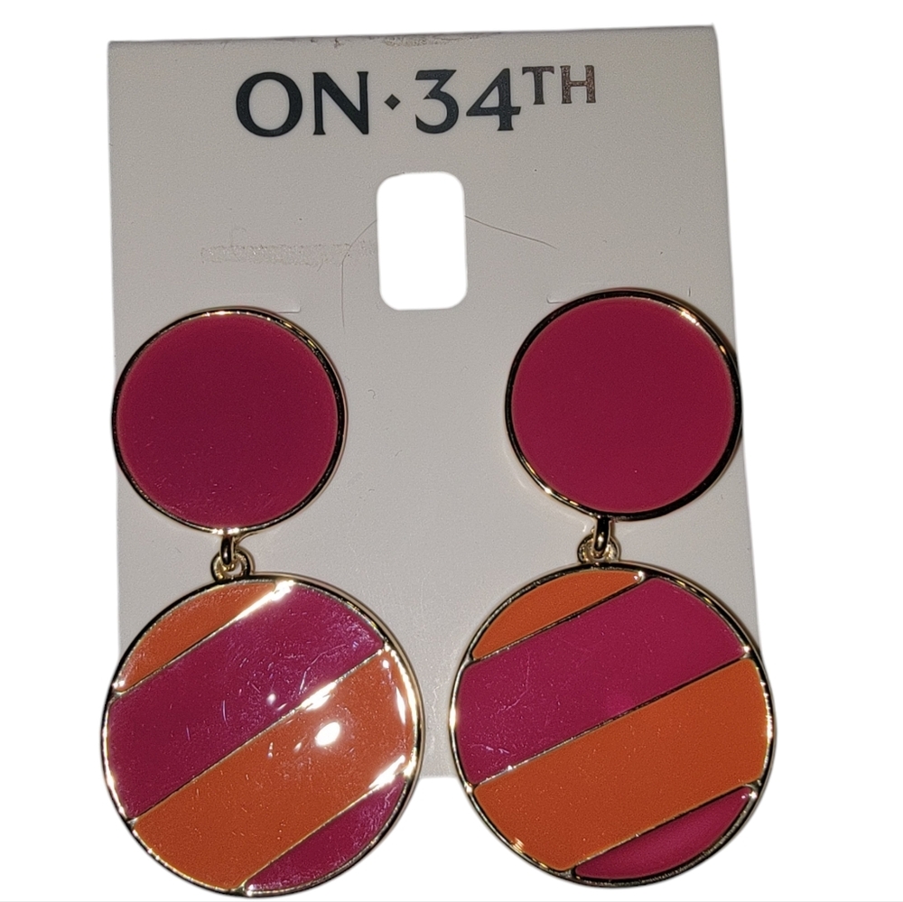 NWT On 34th Macy's Orange PinkDouble Disc Stripe Drop Earrings Enamel Plate Gold